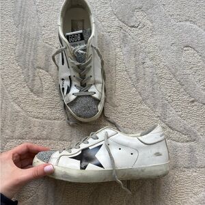 Golden Goose White Leather Sneakers with Black Star and Gray Toe